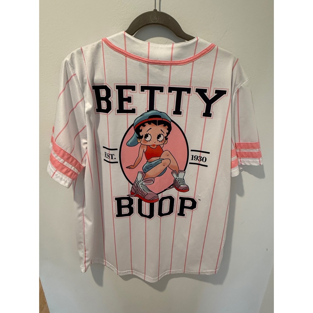 Betty Boop Baseball Jersey White Pink Pinstripe Graphic Button Front Large